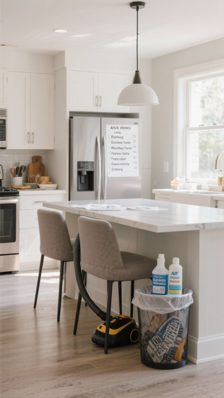 Wide shot: a home in routine mode—kitchen table area with a quick spot vacuum under the chairs, counters wiped with AP cleaner; a weekly list card on the fridge shows bathrooms/disinfect touchpoints, mirrors/glass cleaner, floors vacuum + steam; a monthly bin with oxygen booster and enzyme cleaner labeled for grout and upholstery; bright but diffused daylight, uncluttered, lived-in.