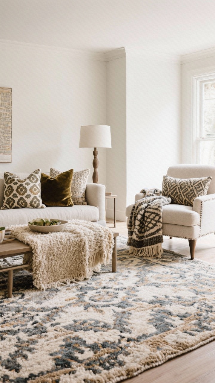 Wide shot: A living room styled with layered textiles—large-scale patterned rug setting the palette, medium-scale patterned throw pillows on a linen sofa, and a small-scale patterned throw or oversized lumbar on the lounge chair; cohesive 2–3 color story repeated across the room; tactile mix of bouclé, linen, velvet, and a jute-wool blend; rug sized with front legs of furniture on it; soft, even natural light for a designer-finished mood.