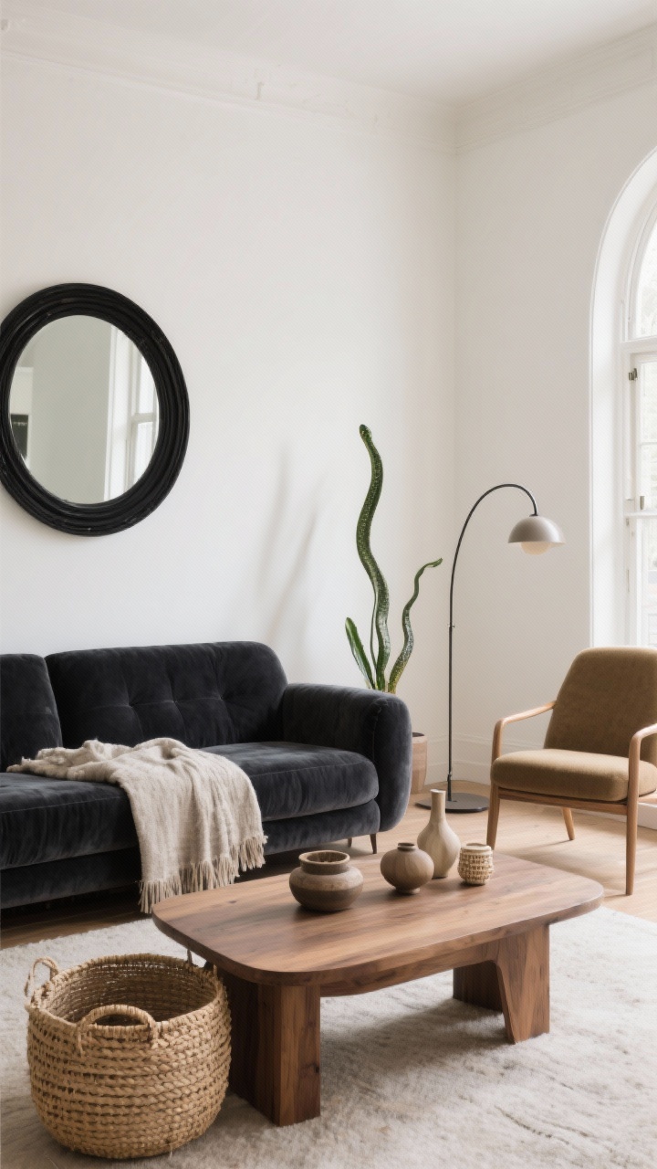 Wide shot: A living room that solves “flat and boring” by showcasing high contrast and layered textures—light warm-white walls paired with a dark charcoal velvet sofa, a nubby linen throw, woven seagrass baskets, a medium-tone wood coffee table, and a round black-framed mirror above. Add a curvy accent chair and an arched floor lamp to introduce soft shapes. Style the coffee table with objects grouped in threes. Include a tall snake plant for height and life. Soft natural daylight from a side window; photorealistic, straight-on view.