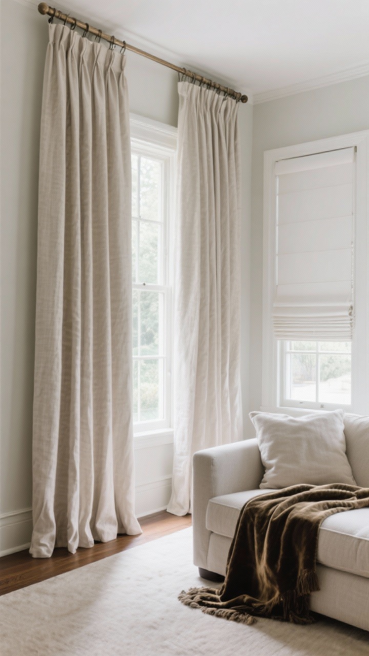 Wide shot: A living room with tailored linen-blend drapery panels mounted high and wide—rods 6 inches above the window frame and extending 10 inches past each side—panels “kissing” the floor. Adjacent window features simple white roman shades. Mix of fabrics: airy linen at the windows, velvet throw for cozy contrast. Even daylight, straight-on architectural view highlighting taller room proportions.