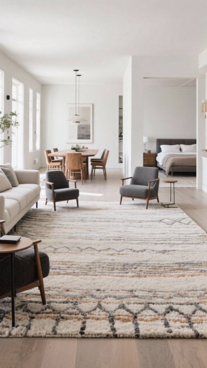 Wide shot: A modern living room showing the correct rug sizing—an oversized neutral wool rug anchoring all furniture with front legs of sofa and chairs on it; subtle pattern tied to a gray, tan, and soft black palette; include a second scene vignette in the background of a dining area where a flatweave rug extends 24–30 inches beyond a wooden table with all chairs fully on the rug; another vignette suggestion: a bedroom glimpse with a large rug under a queen bed extending 2–3 feet on each side; soft daylight, clean lines, no people, photorealistic, straight-on perspective emphasizing how the rug size grounds the room