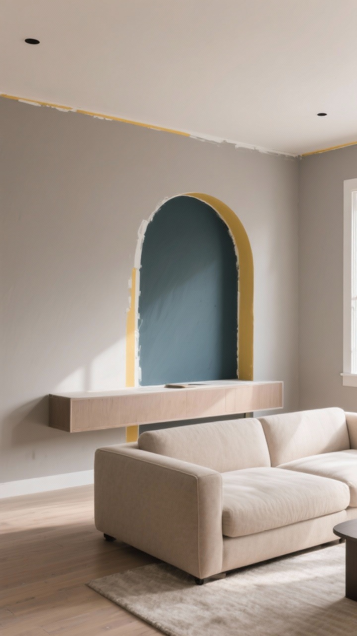 Wide shot: A modern living room with a light warm-gray main wall and a single accent wall two to three shades darker behind a low-profile beige sofa; crisp painter’s-tape lines, thin even paint coverage with no roller marks; include a bold color-blocked arch painted behind a bed-length console against the same wall for added oomph; soft morning natural light raking across the wall to show smooth prep, filled holes, and clean edges; minimal decor for focus on the paint effect.