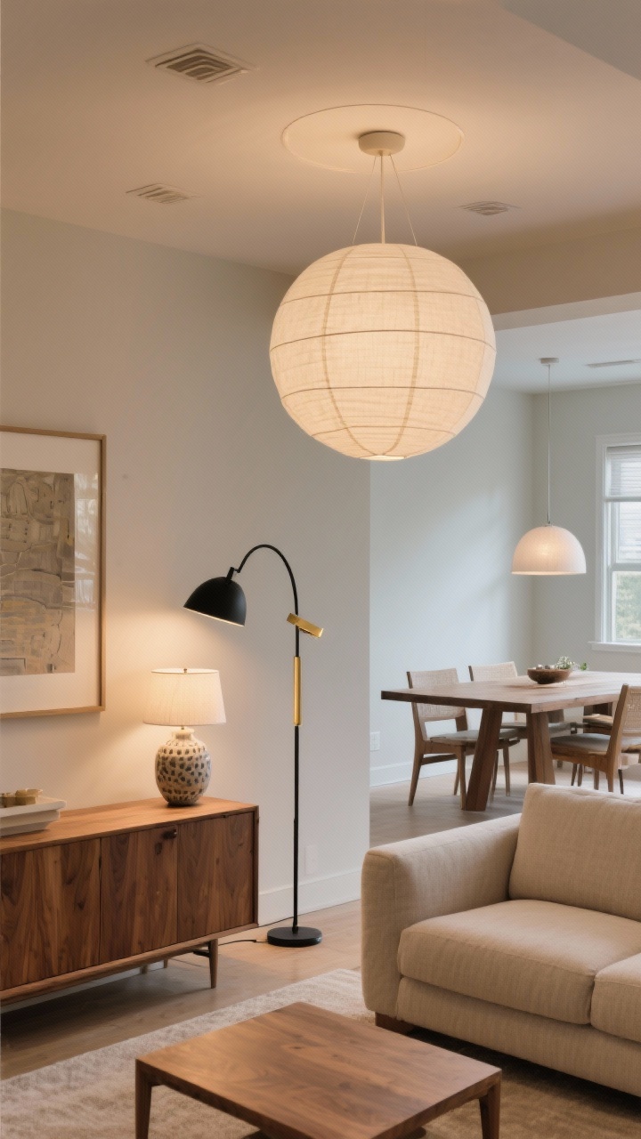Wide shot: A modern living room with a sculptural linen-covered disc flush mount replacing a builder-grade light, layered lighting from a matte black arc floor lamp and a slim brass picture light over art, plus a ceramic table lamp on a sideboard. Warm 2700–3000K lighting creates a cozy glow. Over the dining table in the background, a large globe pendant hangs 32 inches above the surface. Neutral palette with warm woods and soft linen textures, straight-on view, photorealistic.