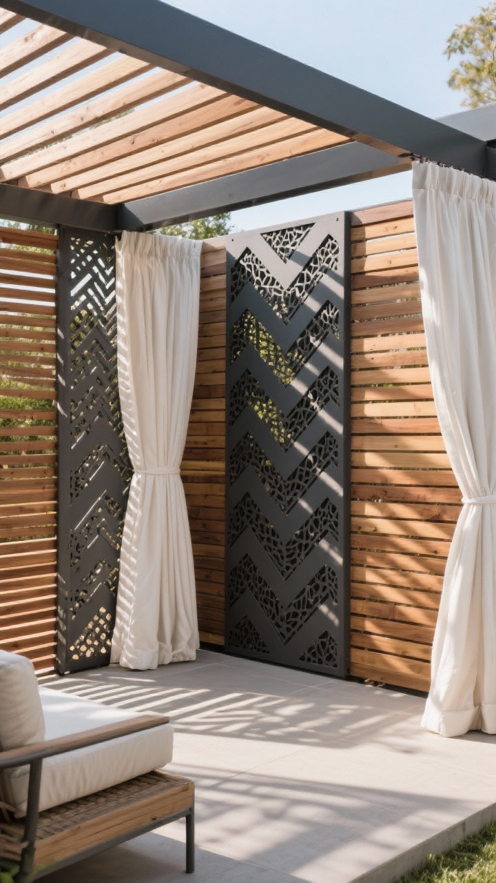 Wide shot: A modern patio combining privacy screens and slats—horizontal cedar slatted fencing at 70% opacity wraps two sides, while staggered, zigzagged laser-cut metal panels (matte charcoal) create airy sightline blocks. A pergola frames the space with breezy off-white outdoor curtains pulled to the sides. Consistent materials and tones—warm cedar, charcoal metal, neutral fabric—tie the look together. Late afternoon light casting patterned shadows through slats. Mood: chic, designer, airy shade.
