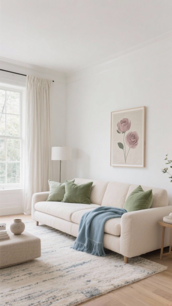Wide shot: A serene living room curated with a calm color story—warm white walls, sandy beige sofa, misty blue throw, and sage green pillows, with a muted dusty rose artwork repeated in small accents; cohesive palette repeated across curtains, rug, and ceramics; soft natural daylight, cozy vibe, warm whites (not cool), no people, photorealistic.