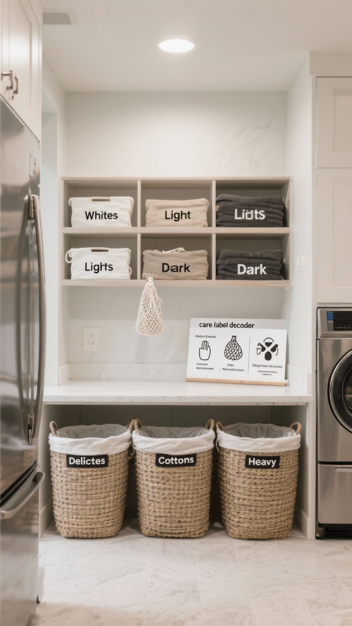 Wide shot: An organized laundry area with three hampers labeled Whites, Lights, Darks, plus separate bins for Delicates, Cottons, and Heavy (jeans, towels). A countertop “care label decoder” card shows icons: hand wash/delicate with mesh bags, lay flat to dry for knits, and do not bleach with an oxygen bleach alternative. Clean, neutral palette with stainless appliances, straight-on view, crisp photorealistic tags and woven textures.