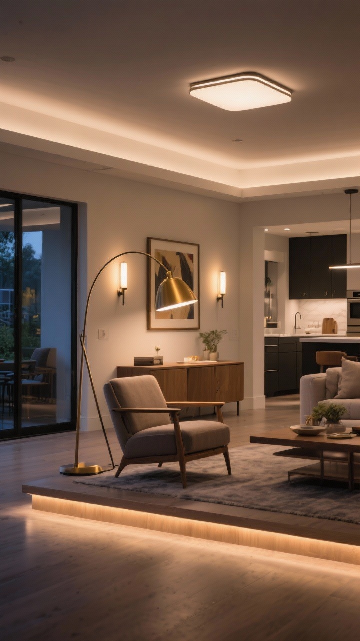 Wide shot: Layered lighting in a contemporary living-dining combo—ambient light from a flush-mount ceiling fixture and a large arc floor lamp, task lighting from a brass reading lamp by a lounge chair and under-cabinet LEDs in a nearby kitchen pass-through, accent lighting via a picture light over artwork and a pair of wall sconces; bulbs set to warm 2700–3000K for a cozy glow; dimmer-like ambiance; evening setting, straight-on angle showing all three lighting layers working together