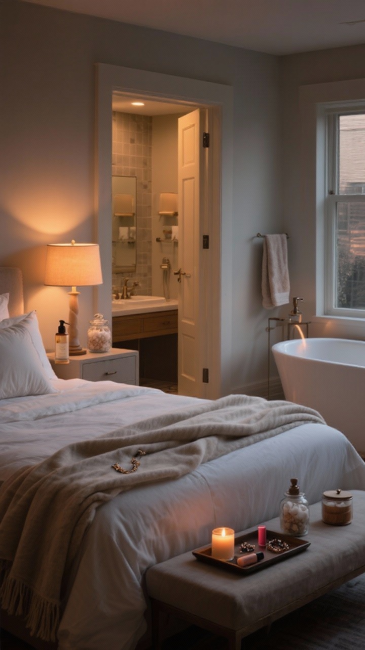 Wide shot, luxe evening routine bedroom and bath adjacency: bedroom with low light only—two bedside lamps casting a soft amber glow; bed neatly smoothed with a fresh duvet, a folded throw at the foot, and a linen pillow mist bottle on the nightstand next to a catch-all tray corralling jewelry, lip balm, and hand cream; open door view into a bathroom with a plush bath sheet hanging, bath salts decanted in a glass jar, soap in a pump, cotton rounds in a lidded container; a sandalwood candle lit by the tub; tranquil, winding-down mood, photorealistic.