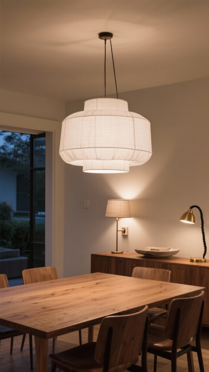 Wide shot of a dining area featuring a sculptural statement pendant—a large white linen drum shade—centered over an oak dining table; fixture scaled to about two-thirds the table width; warm 2700K dimmable bulbs casting cozy, even light; layered lighting includes a pair of minimal plug-in sconces with fabric shades and a brass table lamp on a sideboard; matte black cord covers on sconces; modern chairs, no clutter; evening ambiance, camera at eye level.
