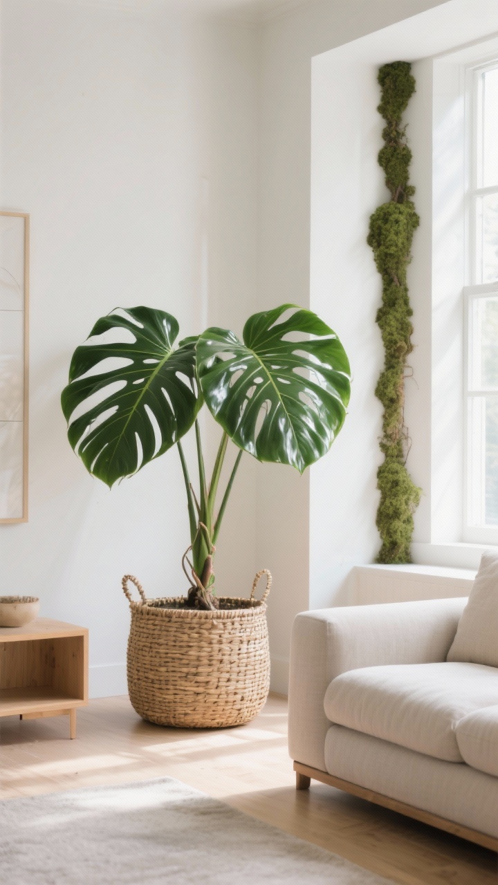Wide shot of a living room corner showcasing a Monstera deliciosa as a statement plant with large split leaves; placed in a wide, low planter, nestled inside a woven basket cover for texture; bright, indirect daylight from a nearby large window; optional moss pole visible to suggest architectural climbing; neutral palette with light wood and soft textiles to let the glossy greens pop; crisp, airy, photorealistic, no people