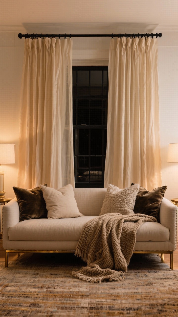 Wide shot of a living room focusing on upgraded textiles: floor-length lined linen curtains in warm ivory hung high and wide on a substantial matte black rod, extending past the window to frame the wall; sofa styled with feather/down inserts in slightly oversized pillow covers—linen, velvet, and boucle mixes in muted neutrals; a single heavyweight woven throw draped with natural, fluid folds; large area rug anchoring front legs of furniture; cords hidden, cohesive finishes in brass and black; warm 3000K evening lighting, straight-on view.