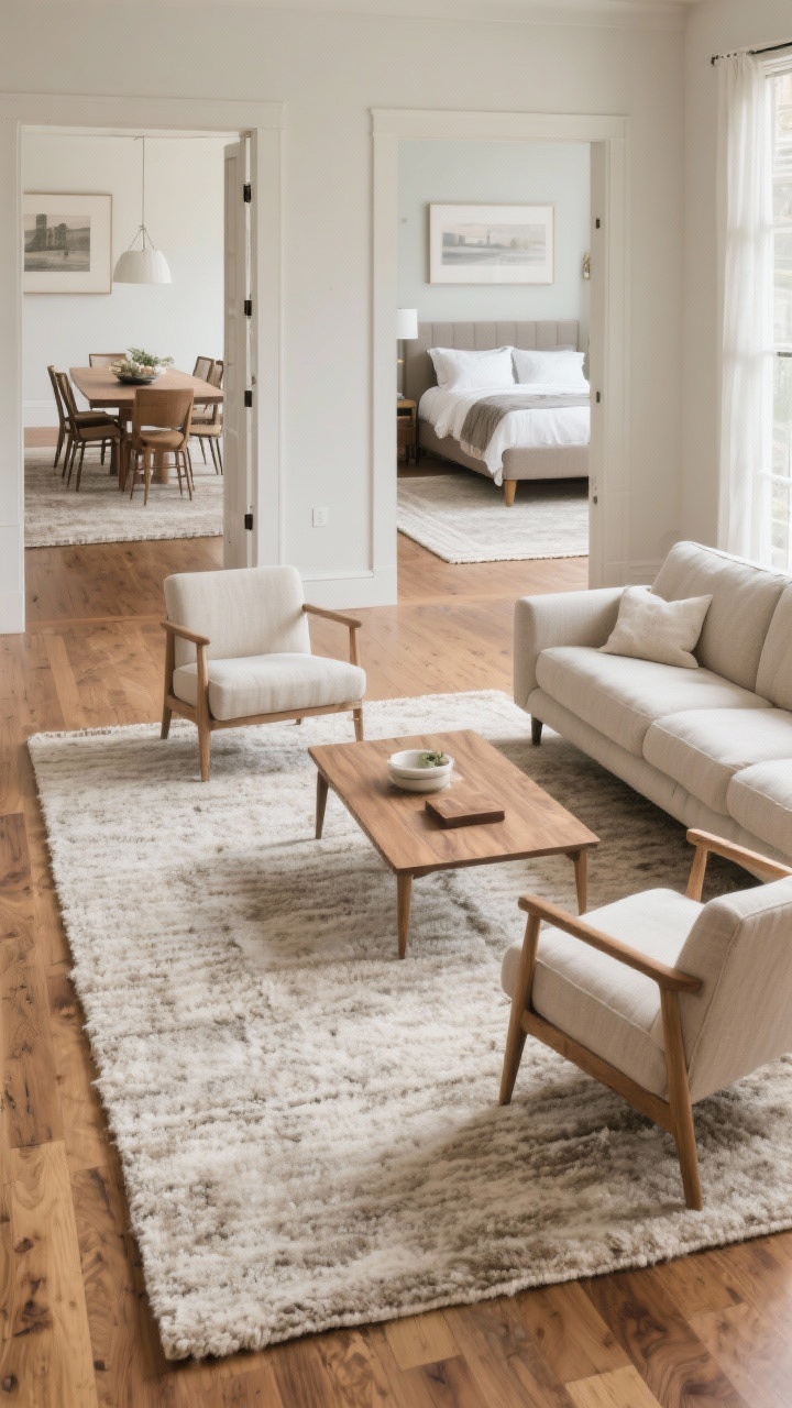 Wide shot of a living room showcasing a correctly sized 9x12 rug anchoring a seating area: the front legs of a linen sofa and two accent chairs rest on a large neutral wool rug with subtle texture; include a wood coffee table centered on the rug, warm oak floors, and soft daylight. Include an inset view through an open doorway to a dining area where a large rectangular rug extends 24 inches beyond the table with chairs fully on the rug when pulled out. In the bedroom background, show a queen bed with a rug extending 18–24 inches beyond the sides and foot. Mood: cohesive, polished, uncluttered, photorealistic.