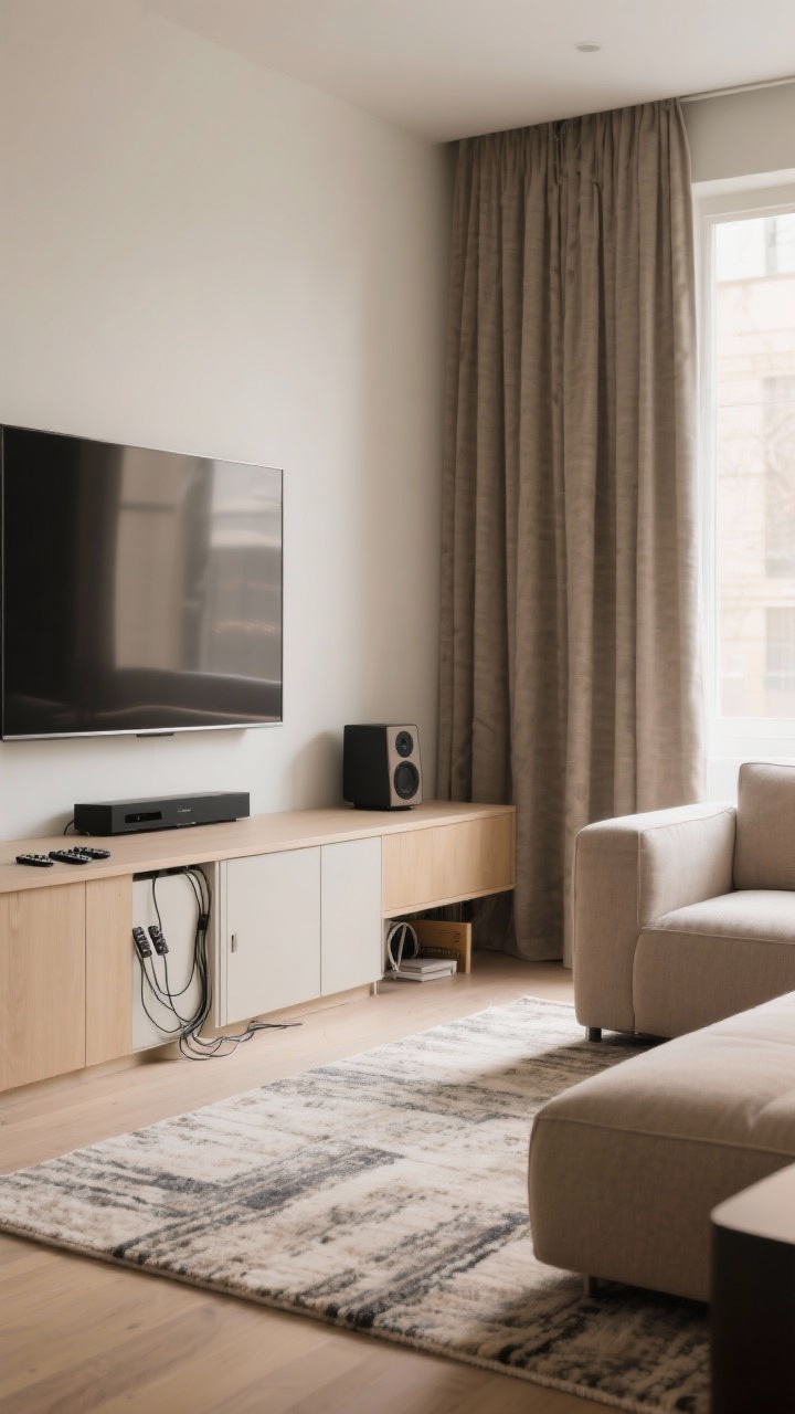Wide shot of a living space optimized for soft sound and quiet tech: media console with closed doors hiding remotes and cables, TV off; thick curtains, upholstered sofa, and a large rug visibly absorbing echo; a small speaker placed in a reading nook for ambient lo-fi; minimal visual clutter, warm ambient daylight, and a calm, distraction-free atmosphere.