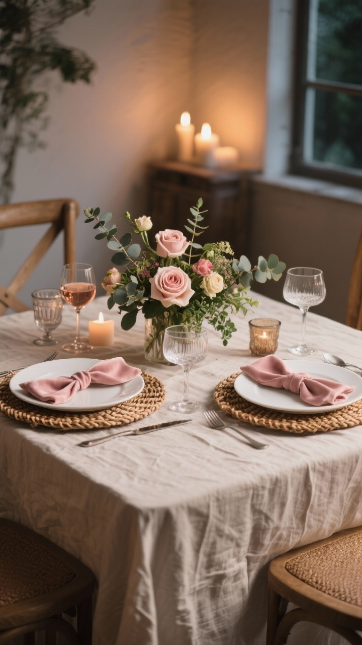 Wide shot of a romantic dining table set for two: crinkled neutral linen tablecloth, simple white plates on woven rattan chargers, cloth napkins tied with blush velvet ribbon and a sprig of eucalyptus, low floral centerpiece with roses, ranunculus, and greenery, mixed glassware featuring wine glasses and vintage coupes; evening ambient lighting from candles; elegant, uncluttered arrangement; photorealistic.