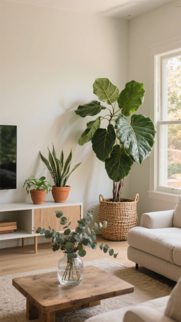Wide shot of a serene living room anchored by biophilic elements: a large fiddle leaf fig in a woven basket as the hero plant, smaller snake plant and pothos in terracotta and matte ceramic planters on a console; window slightly open so leaves gently move; warm daylight filtering through; neutral palette to let greenery pop; high-quality faux eucalyptus in a glass vase on the coffee table for added texture.