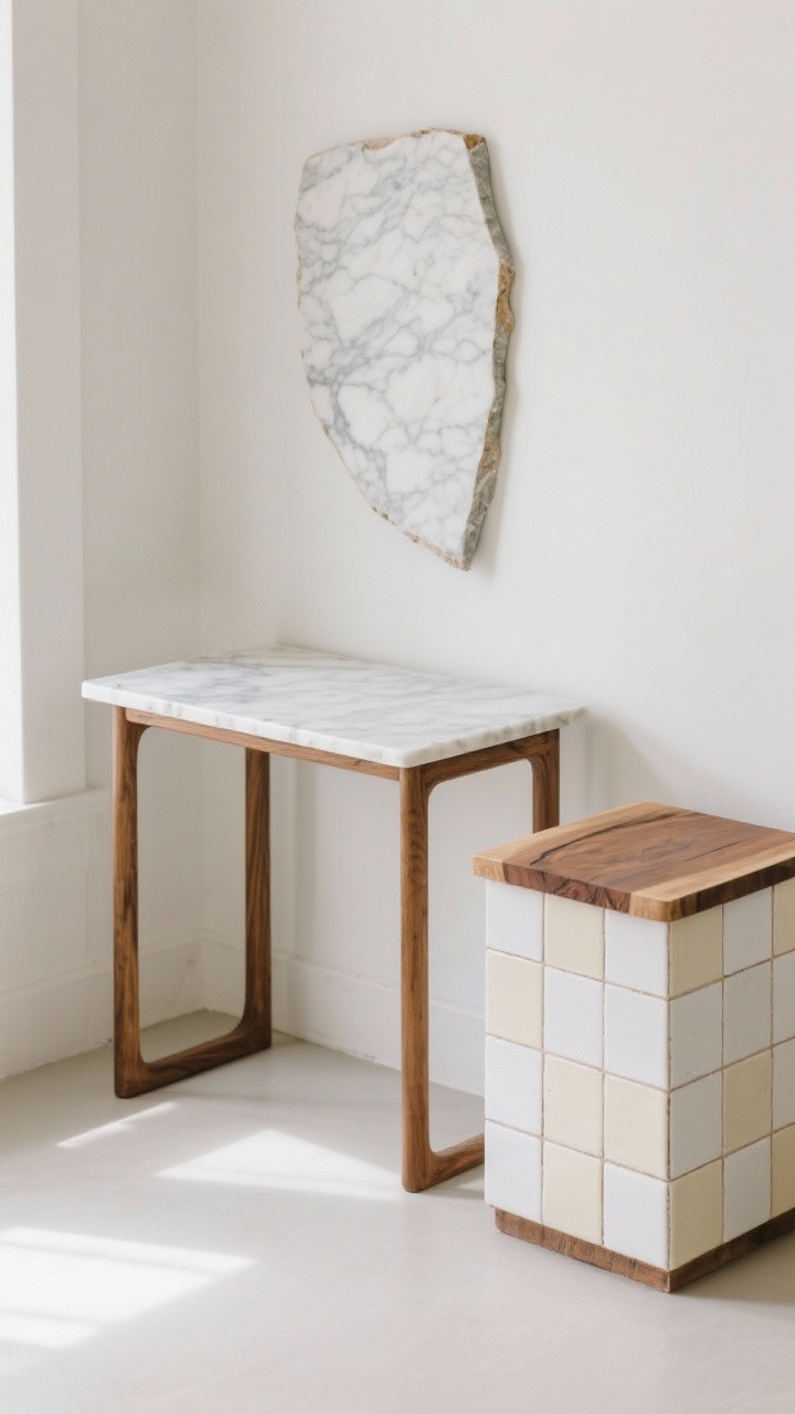 Wide shot of a small console upgraded with a statement top: one version shown with a polished marble remnant (subtle veining), another with a warm butcher block slab finished in food-safe oil, and a tiled side table featuring square zellige in a white-and-cream checkerboard pattern with stain-resistant grout; styled minimally in a bright room with diffuse daylight; original bases are simple wood frames, tops aligned flush and crisp.