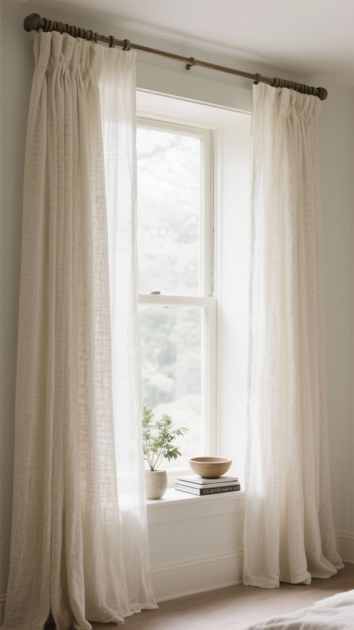 Wide shot of a window wall curated for coziness: curtain rods mounted 4–6 inches above the frame and extended 6–10 inches beyond, sheer creamy off-white panels layered with heavier textured drapes; sill minimally dressed with a low plant, a tiny stack of books, and a ceramic bowl; flattering daylight diffused through sheers like a soft-focus filter; calm, intentional composition; no people.