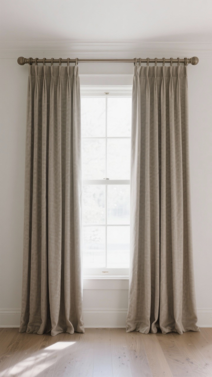 Wide shot of a window wall with properly installed drapery: substantial curtain rod mounted 4–6 inches above the window, extending 8–12 inches past each side; full, lined drapery panels that “kiss” the floor (no hovering) with 2–