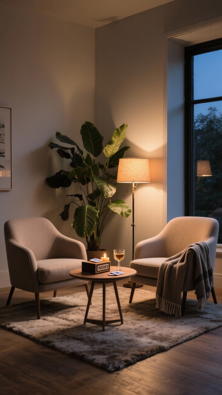 Wide shot of an intimate conversation nook: two comfy chairs angled toward each other over a soft rug, small round side table between them holding drinks and a candle, a throw draped over one chair arm; floor lamp with a warm shade providing soft light, a leafy plant as backdrop; a tasteful box of conversation cards on the table; evening ambiance; corner angle, photorealistic.
