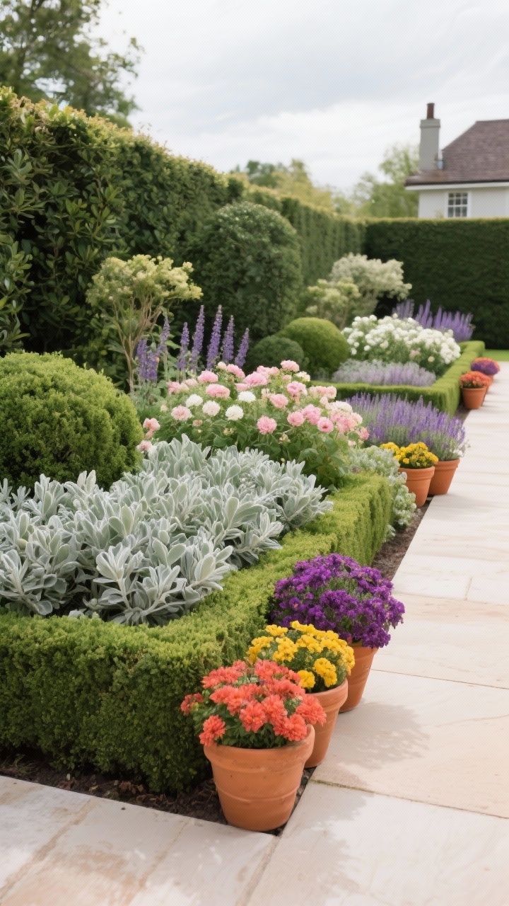 Wide shot of cohesive garden borders using the 60-30-10 color rule: 60% lush greens with silvery foliage (boxwood, sage, lamb’s ear), 30% soft blooms in pale pinks, whites, and lavenders plus warm terracotta planters, 10% bold accents in hot coral, deep purple, and citrus yellow flowers; repeated colors echo across beds; overcast-bright daylight for even color; include several terracotta pots grouped along the edge; corner angle to show repetition and harmony.