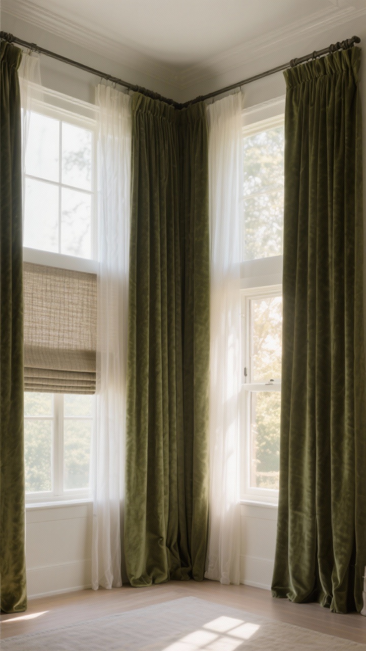 Wide shot of window wall: curtains hung high and wide near the ceiling; layered window treatments with sheer panels for daytime glow and heavier velvet thermal-lined panels in a deep olive for night warmth; subtle Roman shade in a textured linen-blend on an adjacent smaller window; late afternoon light filtering through sheers, softening lines and reducing echo.