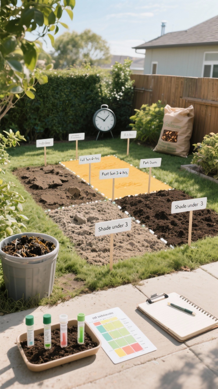 Wide shot, overhead angle: A backyard divided into sun exposure zones marked with small stakes reading “Full Sun 6+ hrs,” “Part Sun 3–6 hrs,” “Shade under 3,” with a visible clock/timer and notebook. Foreground shows soil testing kit vials and pH chart on a tray; background has distinct soil samples—clay clod, sandy grit, and loamy crumb—arranged with labels. Include a bin of compost and a bag of fine bark nearby. Bright midday light revealing textures of soil and foliage.