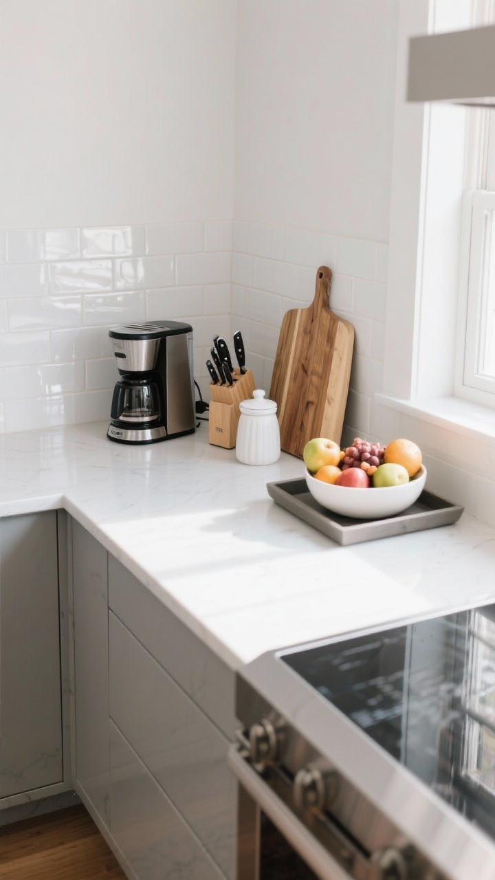 Wide shot, overhead angle: A streamlined kitchen counter styled with exactly five functional items—sleek coffee maker, knife block, white salt crock, abundant fruit bowl, and a pretty wooden cutting board—everything else corralled on a low-profile tray to look intentional; clean, glossy backsplash tiles shining, open negative space for fast wipe-downs, soft daylight from a nearby window emphasizing the uncluttered look.