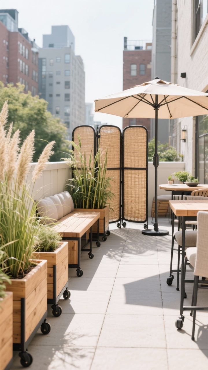Wide shot: Portable privacy setup on a small terrace—planter boxes on wheels in a repeating modern style lined up with tall grasses and compact clumping bamboo, a folding screen in natural woven fiber near a dining nook, and a side-tilt umbrella angled to block a specific view. A bench-plus-planter combo forms a movable seating wall along the edge. Cohesive palette of warm wood, black metal casters, and neutral fabrics. Bright, clear daylight emphasizing mobility and modularity. Mood: flexible, renter-friendly, polished like a boutique courtyard.