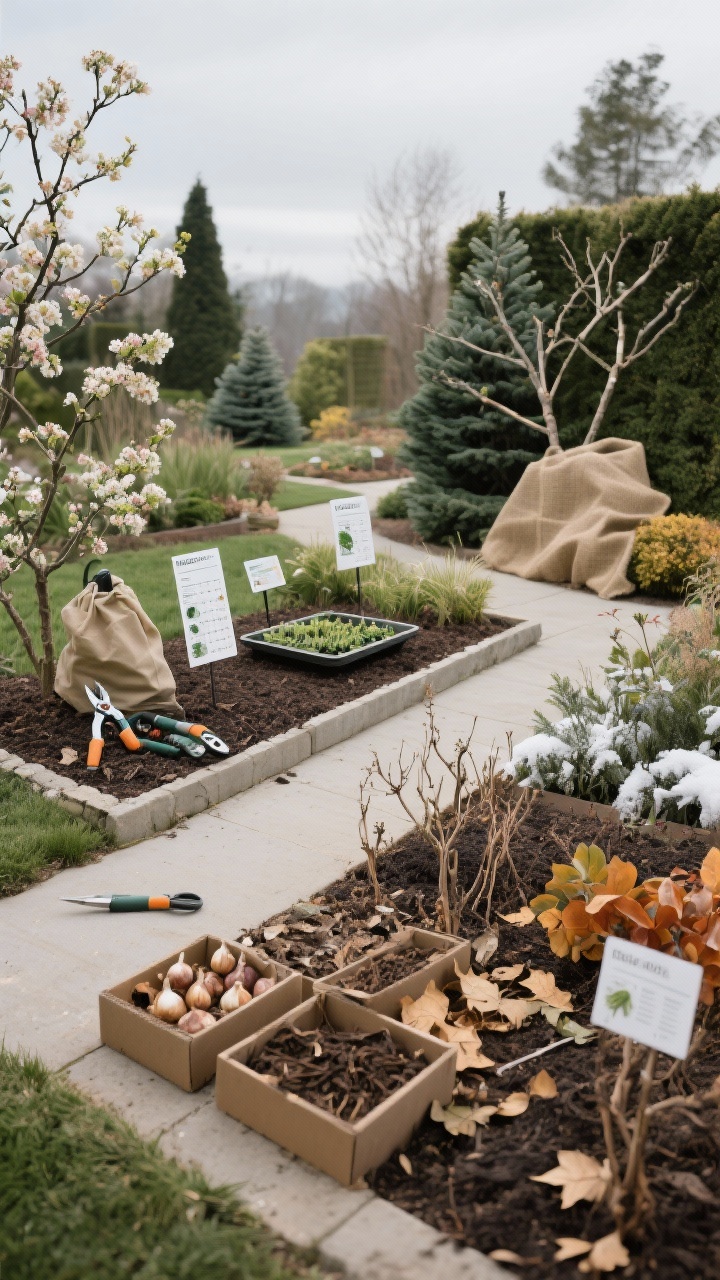 Wide shot, seasonal vignette collage: One garden, four stations arranged along a path—Spring area with pruners, debris bag, edged bed and refreshed mulch; Summer section with a deadheading tray, pest monitor cards, and a watering schedule; Fall corner with bulb boxes, composted leaves, and cut-back plant stems; Winter section with burlap wind protection on evergreens and a pruning guide for select shrubs. Overcast even lighting for consistent, calm mood.
