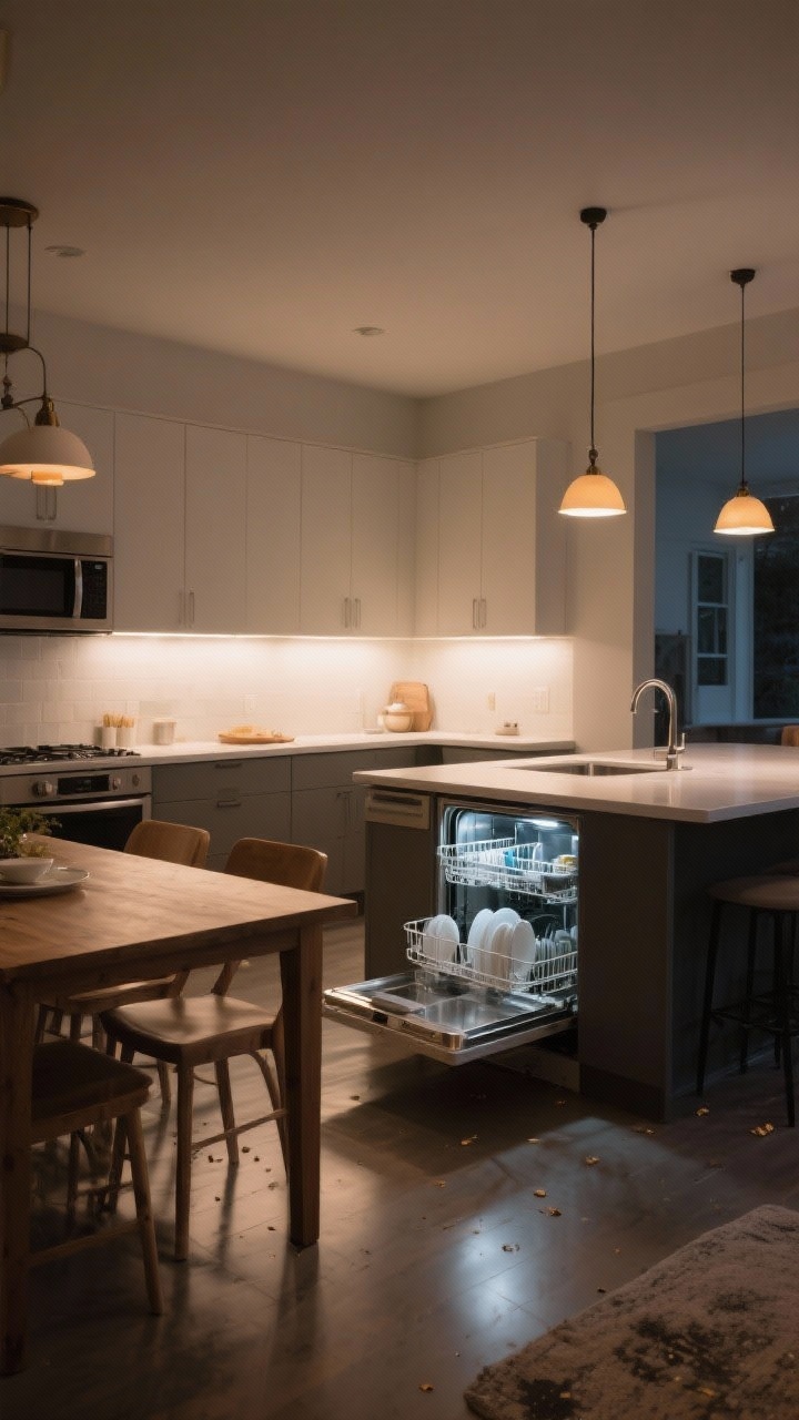 Wide shot, straight-on: Nightly 10-minute reset—dishwasher running lights on, counters and dining table recently wiped with a slight sheen, a spot-swept floor around the island free of crumbs, an empty, gleaming sink; a subtle under-cabinet glow and warm pendant lighting set a calm, consistent routine mood; no extra clutter, just a peaceful, ready-for-morning kitchen.