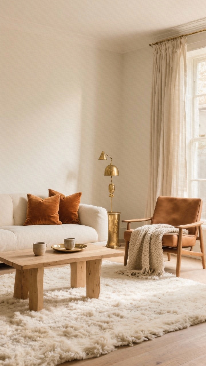 Wide, straight-on living room shot in a warm glow: soft cream walls, caramel velvet pillows on a cream upholstered sofa, light oak coffee table styled with ceramic mugs, a camel leather chair to the side, and a plush cream wool rug underfoot; brushed brass and antique gold metal accents on a floor lamp and tray; layered textures like linen curtains and boucle throw, no people, photorealistic, late-afternoon ambient light