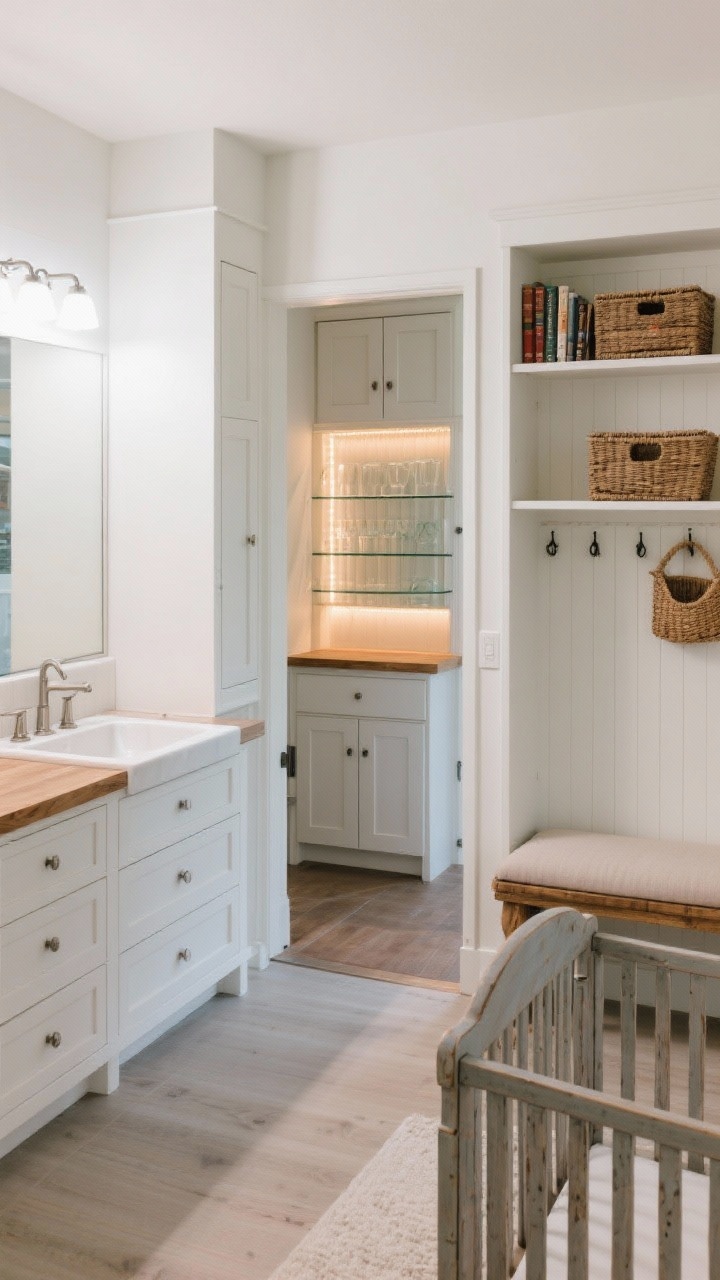 Wide, straight-on transformation vignette: left—dresser converted to a vanity with a drop-in sink, sealed wood top, and functional drawers; center—compact cabinet turned bar with mirror back, glass racks, and warm LED strip lighting glowing; right—bookcase reimagined as a mudroom locker with hooks, baskets, and a bench cushion; in the foreground, a crib side rail repurposed as the backrest of a small entry bench; clean, bright ambient lighting for a custom, built-in feel.
