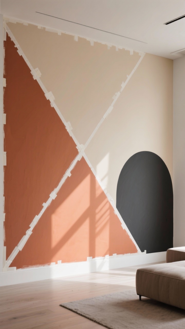 Wide, straight-on view of a modern living room wall featuring an easy geometric mural mapped with crisp painter’s tape lines now removed: large triangles, diagonals, and a soft arch. Palette includes warm terracotta, creamy beige, deep charcoal, and a mid-tone neutral. Subtle symmetry from level/laser alignment, with clean edges and matte paint finishes. Natural daylight rakes across the wall, highlighting the sharp color boundaries; no furniture blocks the mural, minimal decor, photorealistic.