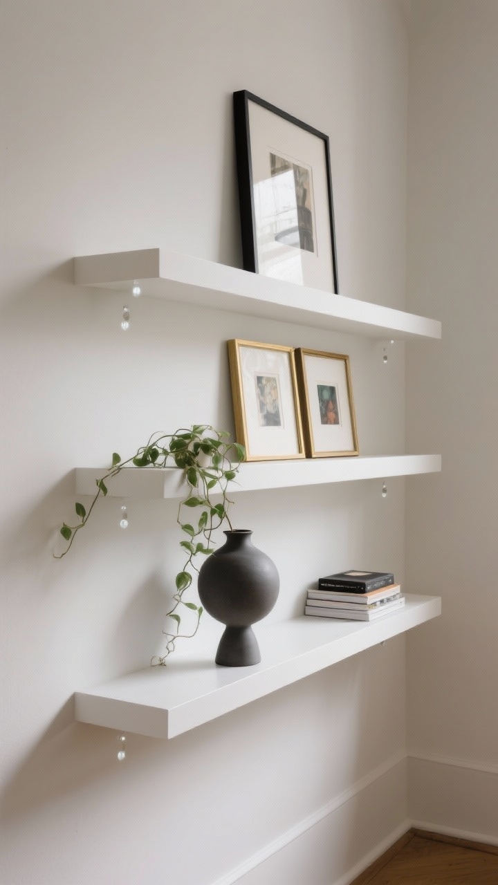 Wide, straight-on view of a picture ledge shelf wall: three staggered ledges in painted white, each styled with layered frames (tall in back, small in front), a trailing plant, a sculptural matte ceramic vase, and a tiny stack of art books. Frames show a tight color palette and 2–3 metals (brass, black). Museum gel dots subtly visible under a front frame. Soft ambient lighting, clean shadows, photorealistic.
