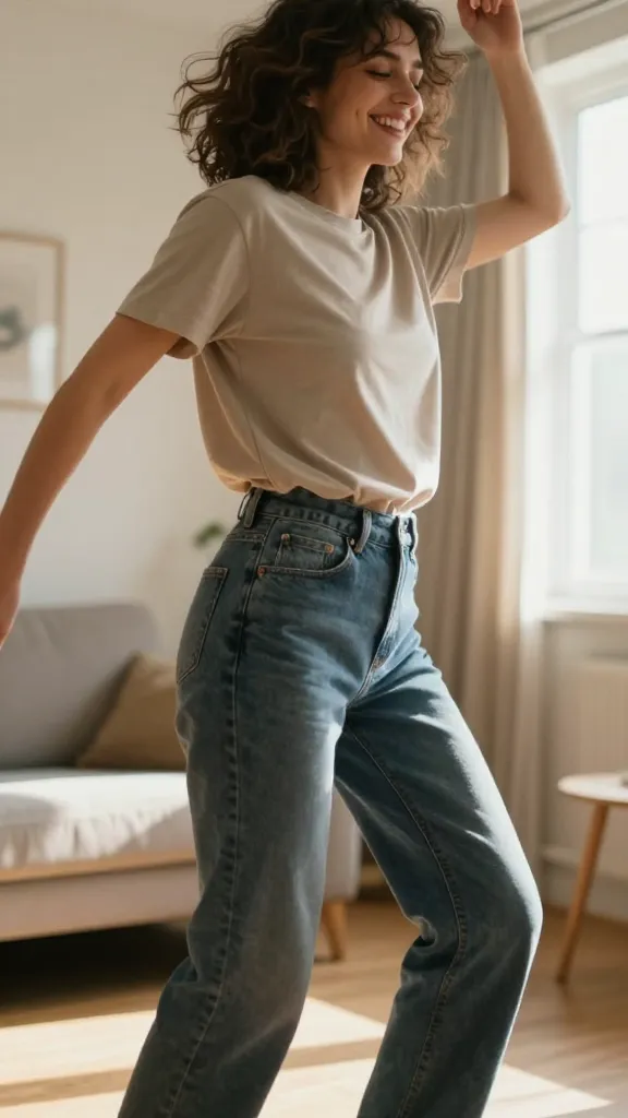 Close-up of a joyful adult dancing alone in a sunny living room