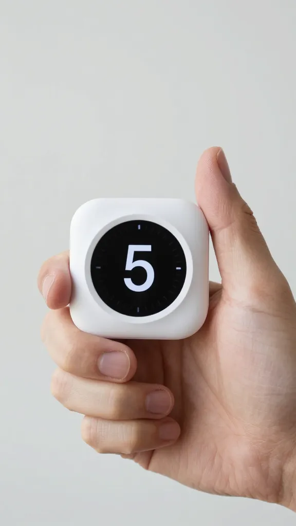 Close-up of a thumbs-up hand tapping a smartphone timer for 5 minutes