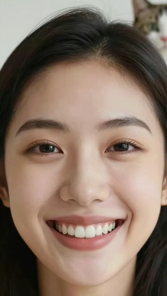 Close-up of a single smiling face with a pet cat visible in the background