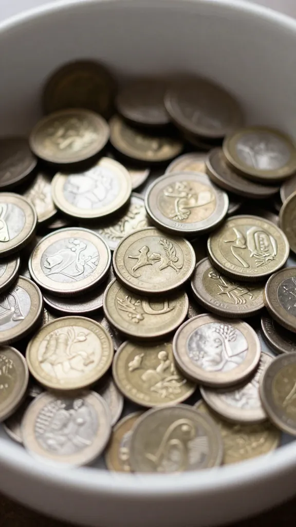 closeup of cluttered key bowl with scattered coins