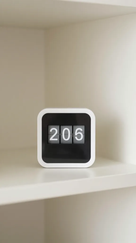 closeup of a two-minute timer flipping on a tidy entryway shelf