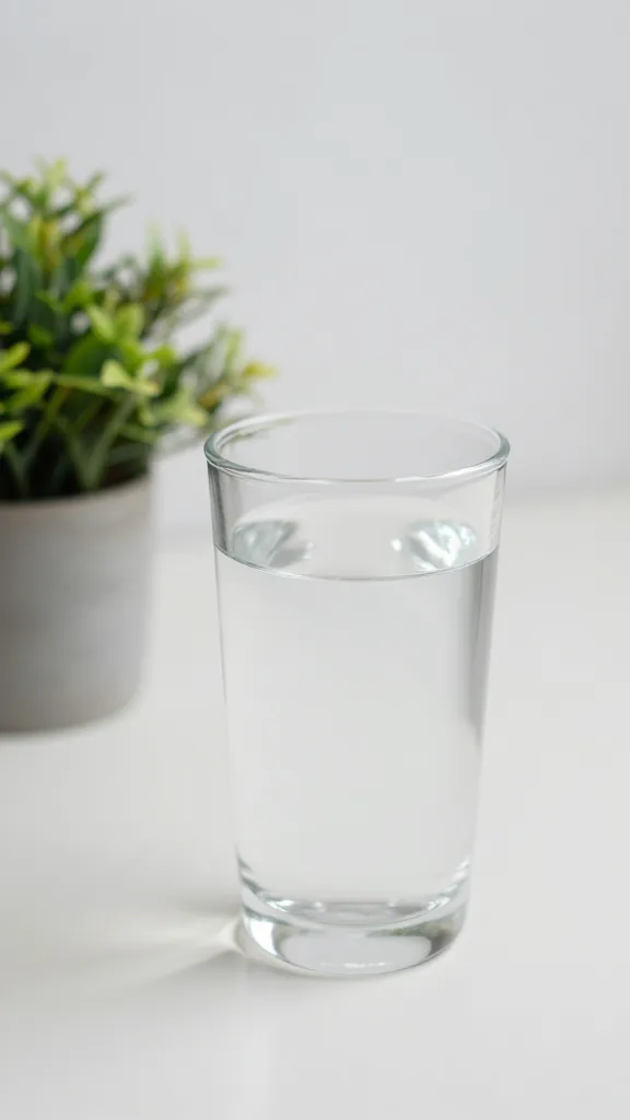 Closeup of a glass of water beside a small plant on a minimalist desk