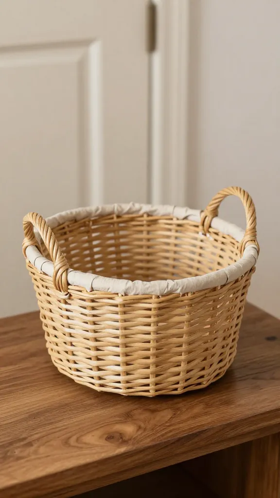 Closeup of a single keys-only basket by the door, on a wood entry table