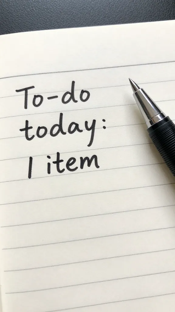 Closeup of a notepad showing “To-do today: 1 item” with pen