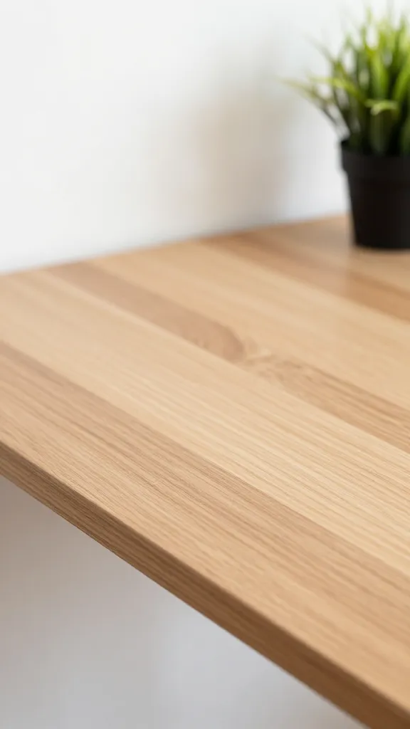 Closeup of a single clutter-free wooden desk with a single plant