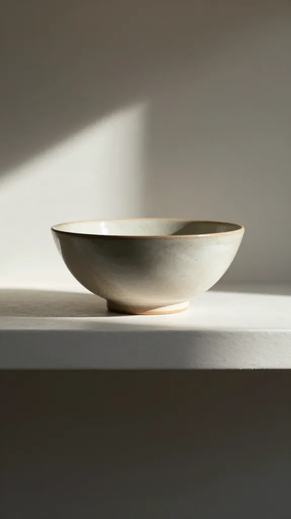 Closeup of sunlight streaming over a lone decorative bowl on a shelf