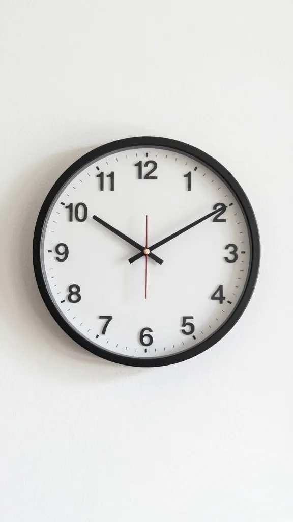 Closeup of a single minimalist clock on a blank wall