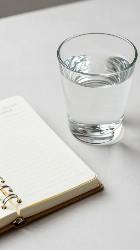 Closeup of a glass of water beside a tiny planner on a clean desk