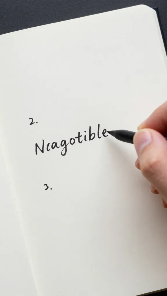 Closeup of a hand jotting 3 non-negotiables in a minimalist notebook