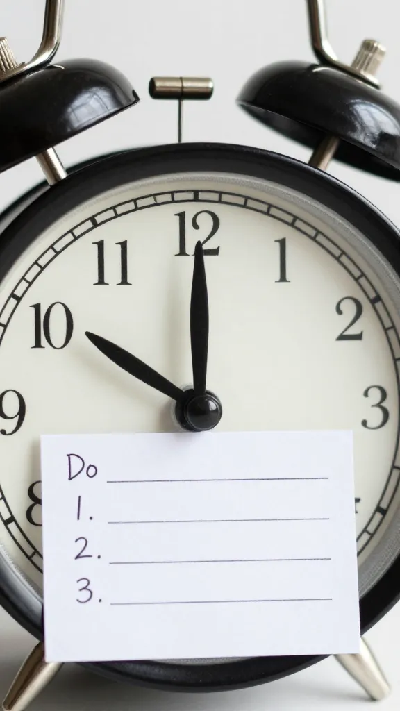 Closeup of a single calm alarm clock with a simple to-do card