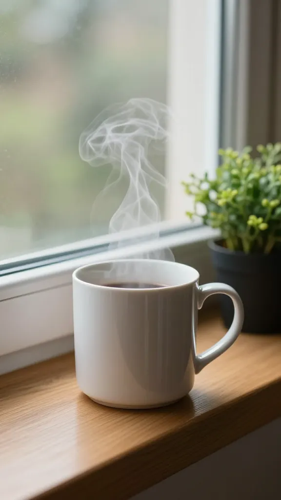 closeup of a steaming mug and small morning plant on a single wooden windowsill