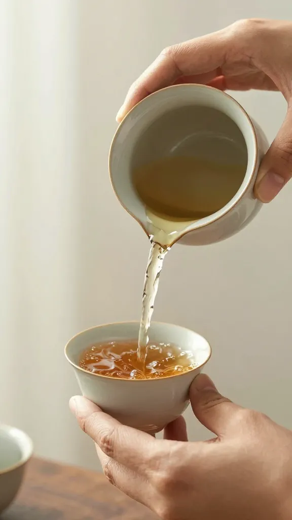 closeup of hands pouring warm tea into a ceramic cup in soft morning light